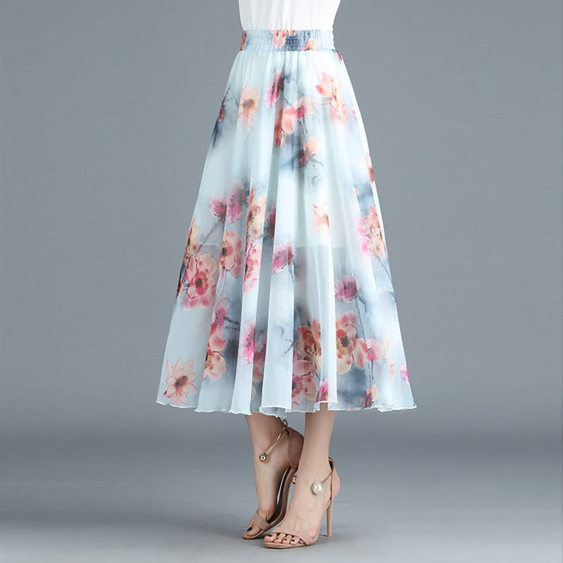 Chiffon skirt women summer new floral midi skirt