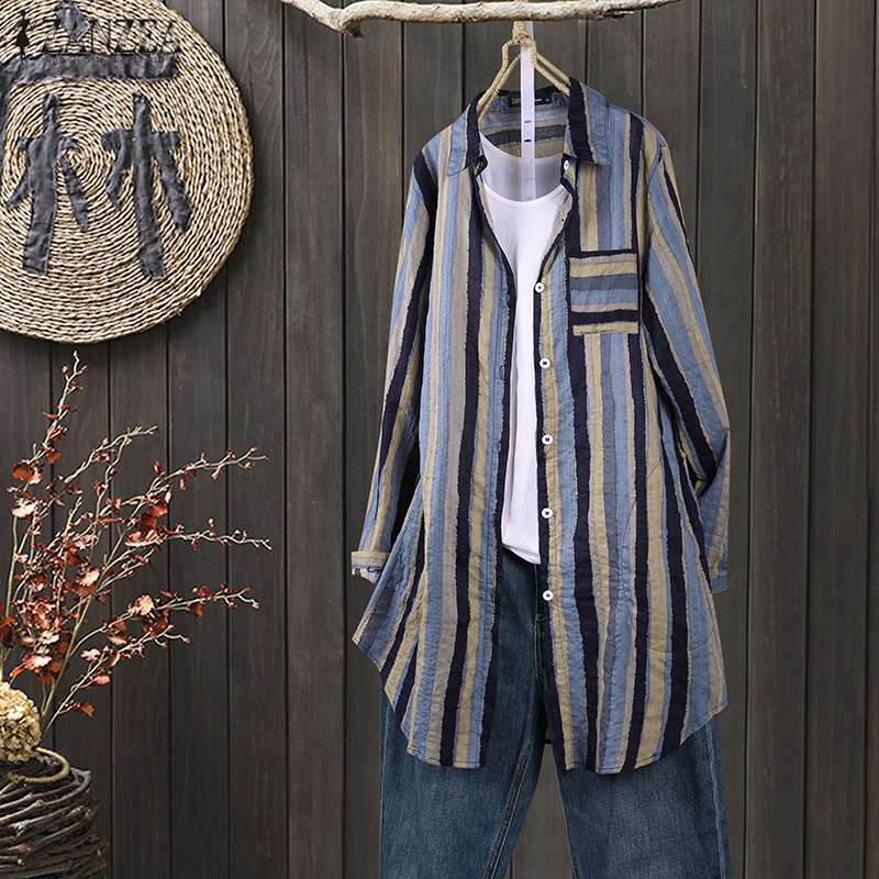 Women Autumn Stripe Lapel Neck Blouses Loose Tops