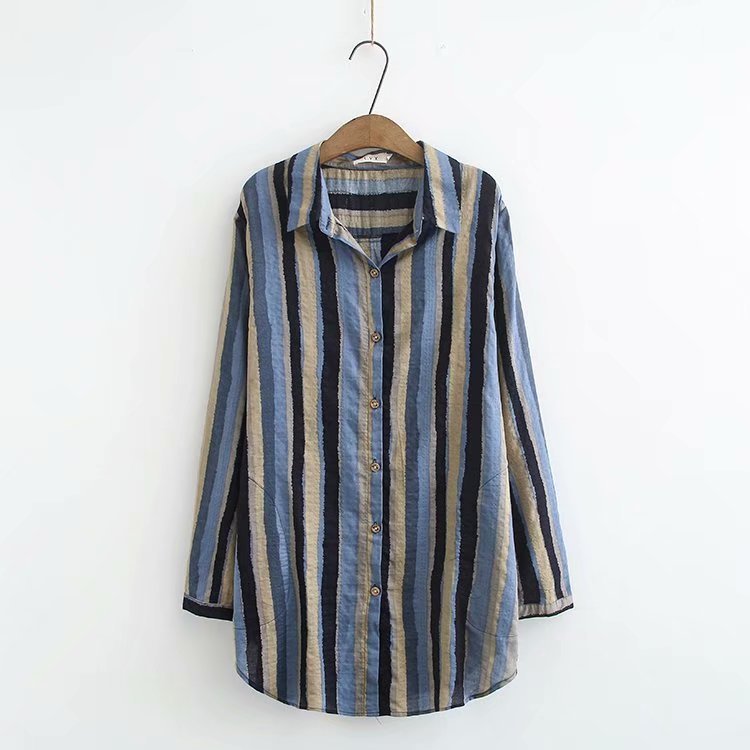 Women Autumn Stripe Lapel Neck Blouses Loose Tops