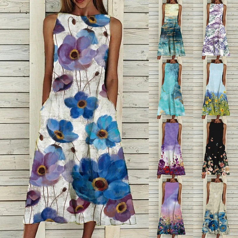Spring New Flower Print Sleeveless Dress Women