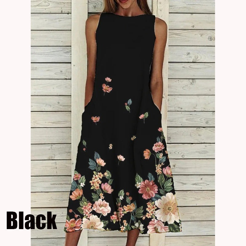 Spring New Flower Print Sleeveless Dress Women
