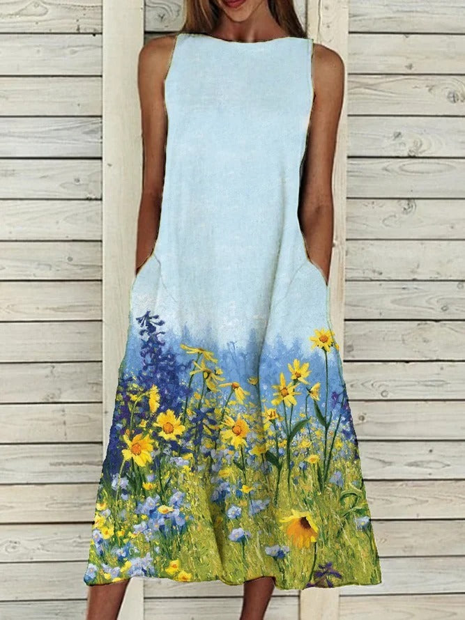 Spring New Flower Print Sleeveless Dress Women