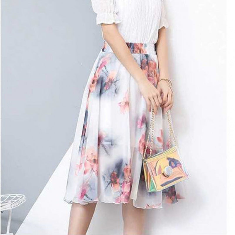 Chiffon skirt women summer new floral midi skirt