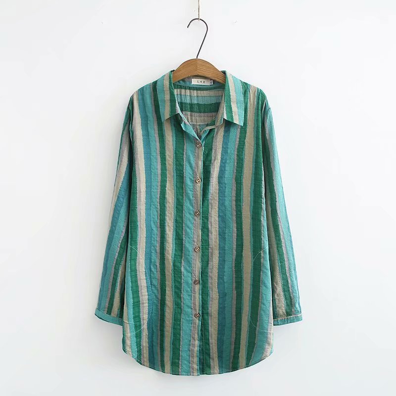 Women Autumn Stripe Lapel Neck Blouses Loose Tops
