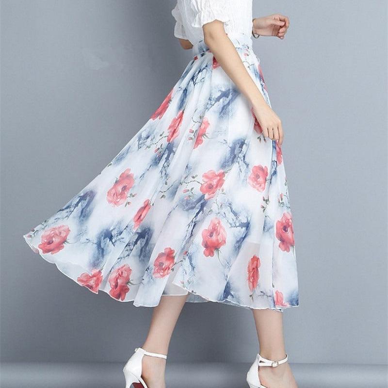Chiffon skirt women summer new floral midi skirt