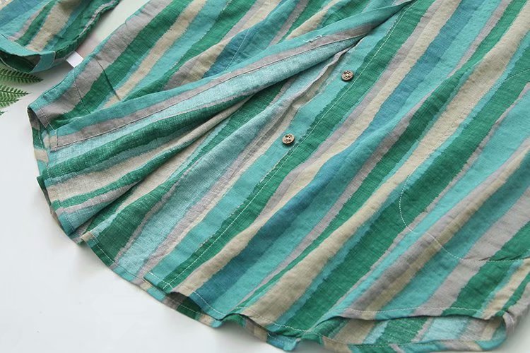 Women Autumn Stripe Lapel Neck Blouses Loose Tops