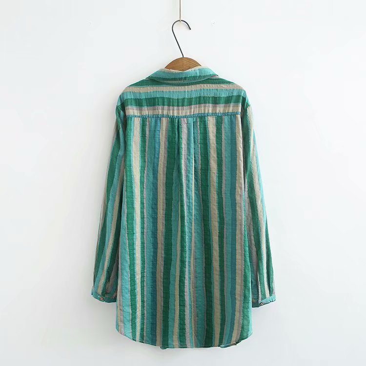 Women Autumn Stripe Lapel Neck Blouses Loose Tops