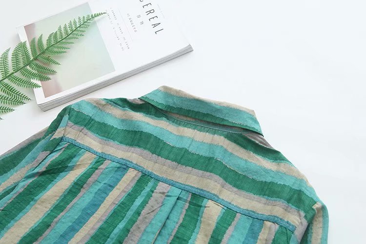 Women Autumn Stripe Lapel Neck Blouses Loose Tops