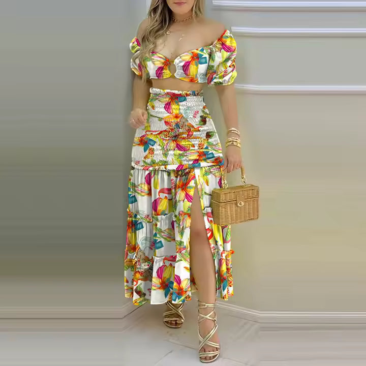 Color Matching Printed Long Beach Dress Suit 2025 Hot New Sweet Fashion Short Sleeve Two Piece Set Women Clothing