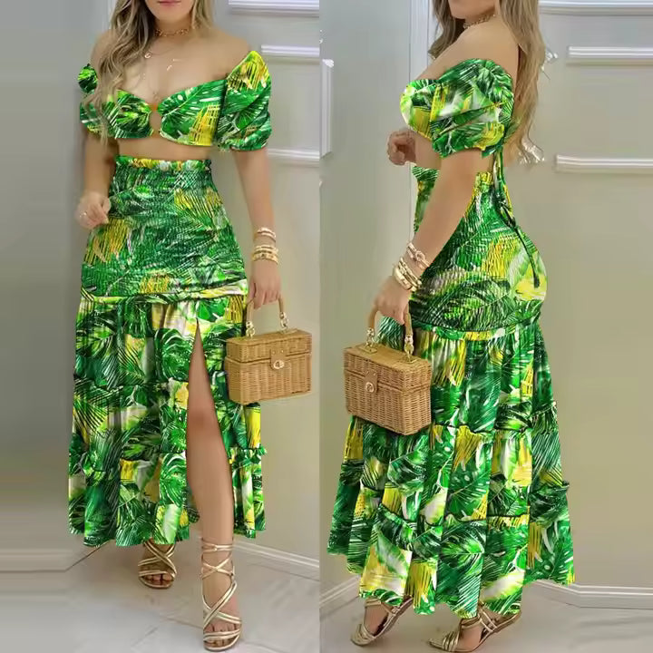 Color Matching Printed Long Beach Dress Suit 2025 Hot New Sweet Fashion Short Sleeve Two Piece Set Women Clothing