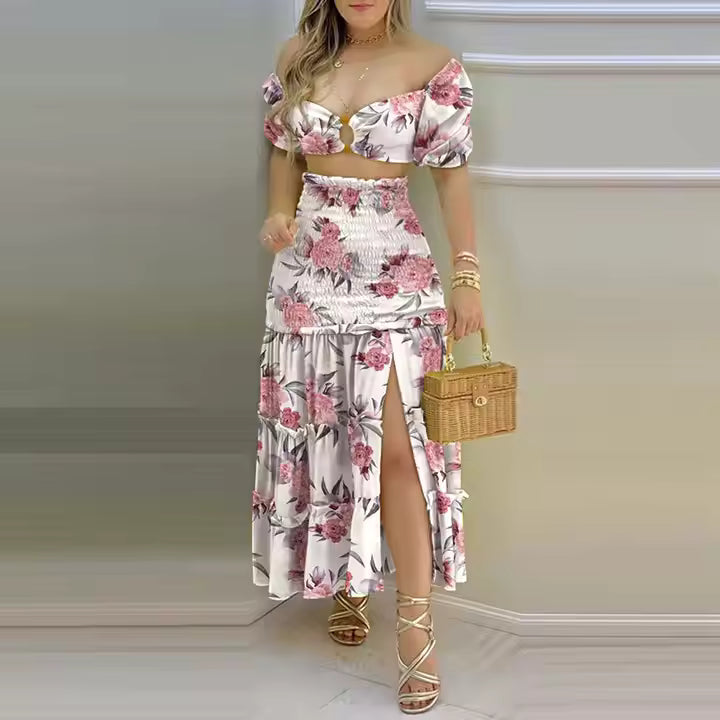 Color Matching Printed Long Beach Dress Suit 2025 Hot New Sweet Fashion Short Sleeve Two Piece Set Women Clothing
