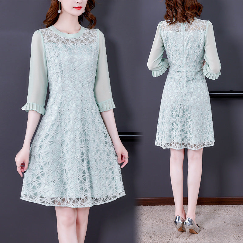 Pure Color Stitching Lace Dress Spring
