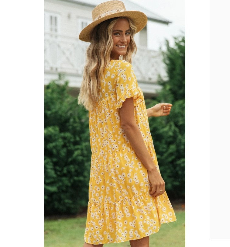 Short Sleeve Round Neck Print Dress Women