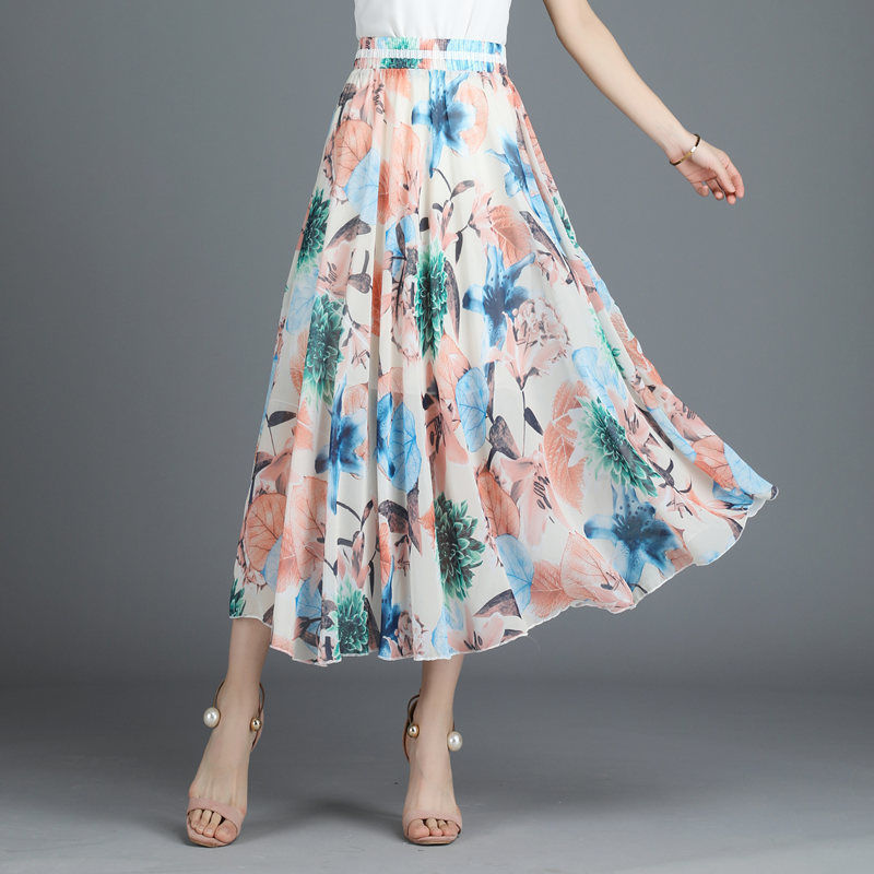 Chiffon skirt women summer new floral midi skirt