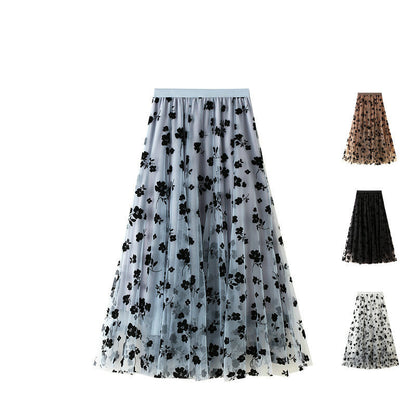 Thin Drape Pleated Skirt Flocking Mesh Skirt Women