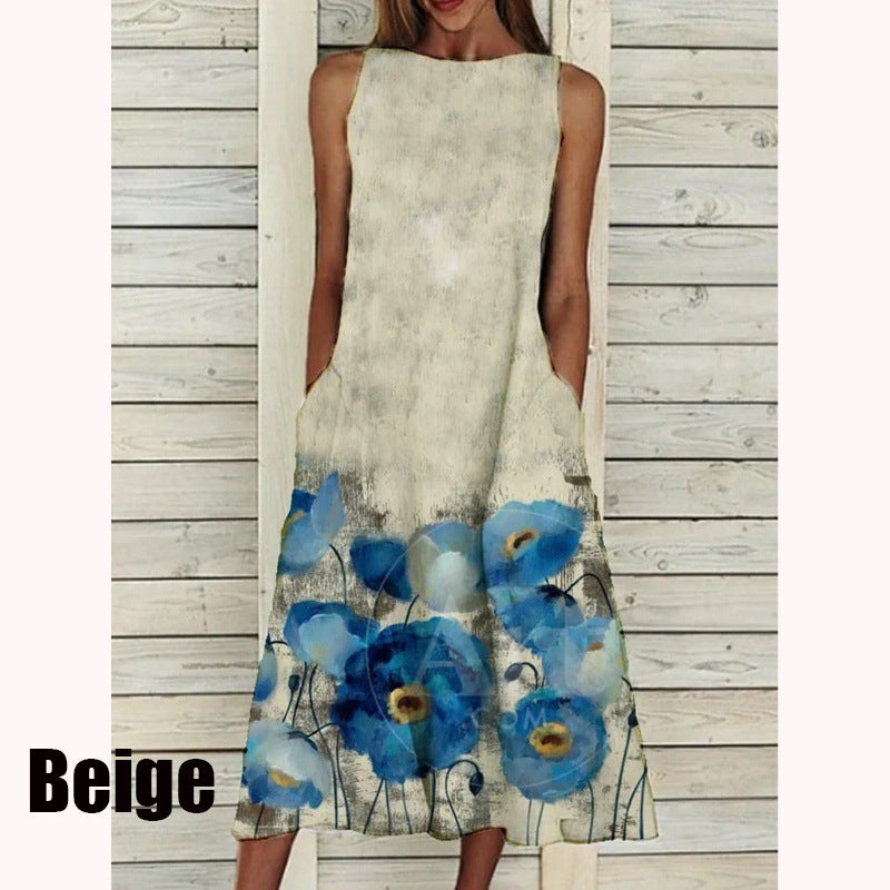 Spring New Flower Print Sleeveless Dress Women