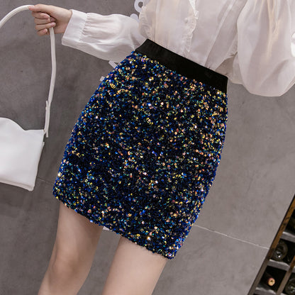Spring New Small High Waist Sequins Wrapped Hip A-Line Short Skirt Casual Slim Skirt Half-Length Skirt Women