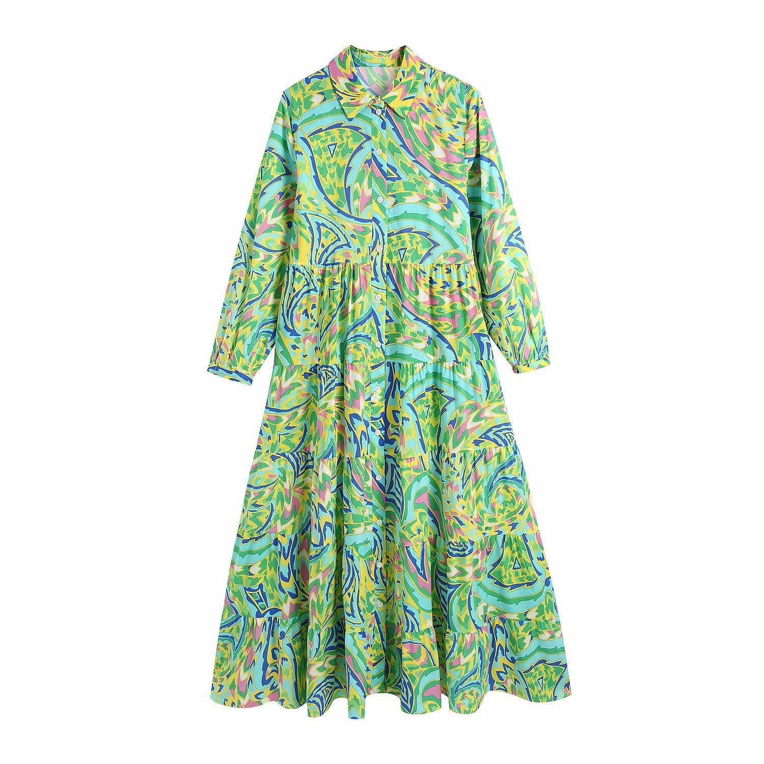 Spring Print Long Sleeve Long Dress