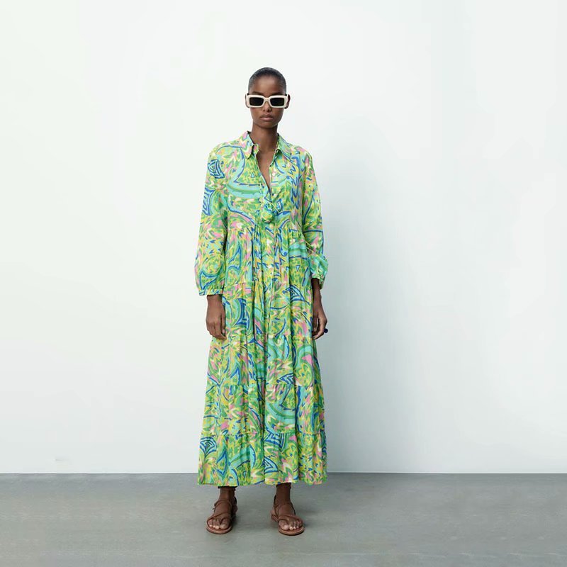 Spring Print Long Sleeve Long Dress