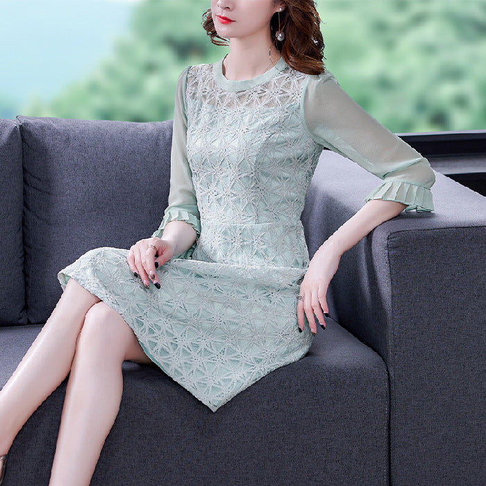 Pure Color Stitching Lace Dress Spring