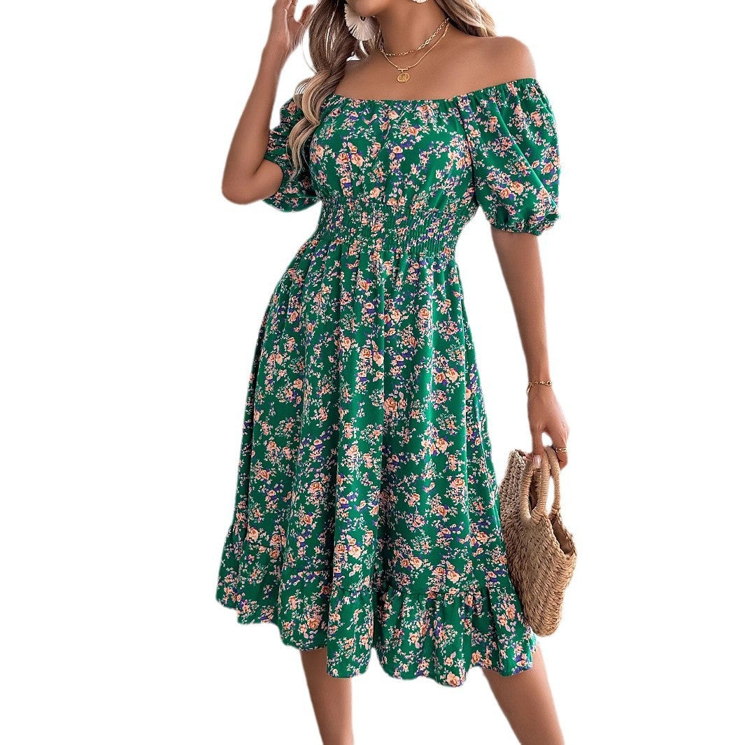 Floral Square Collar Ruffles Dress Women&
