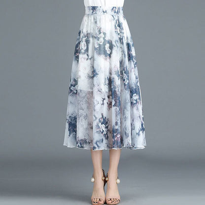 Chiffon skirt women summer new floral midi skirt
