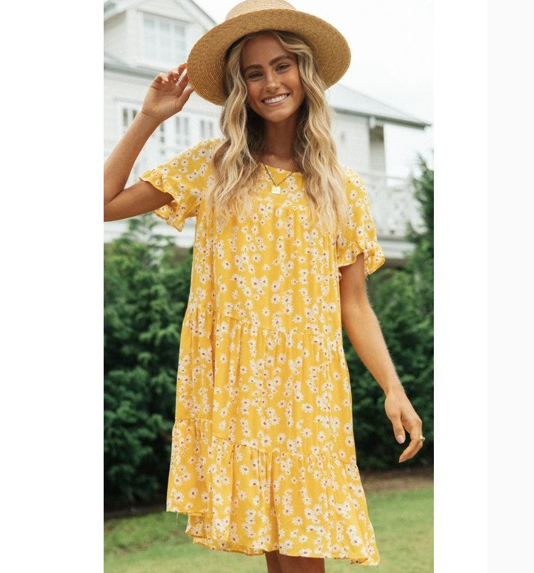 Short Sleeve Round Neck Print Dress Women