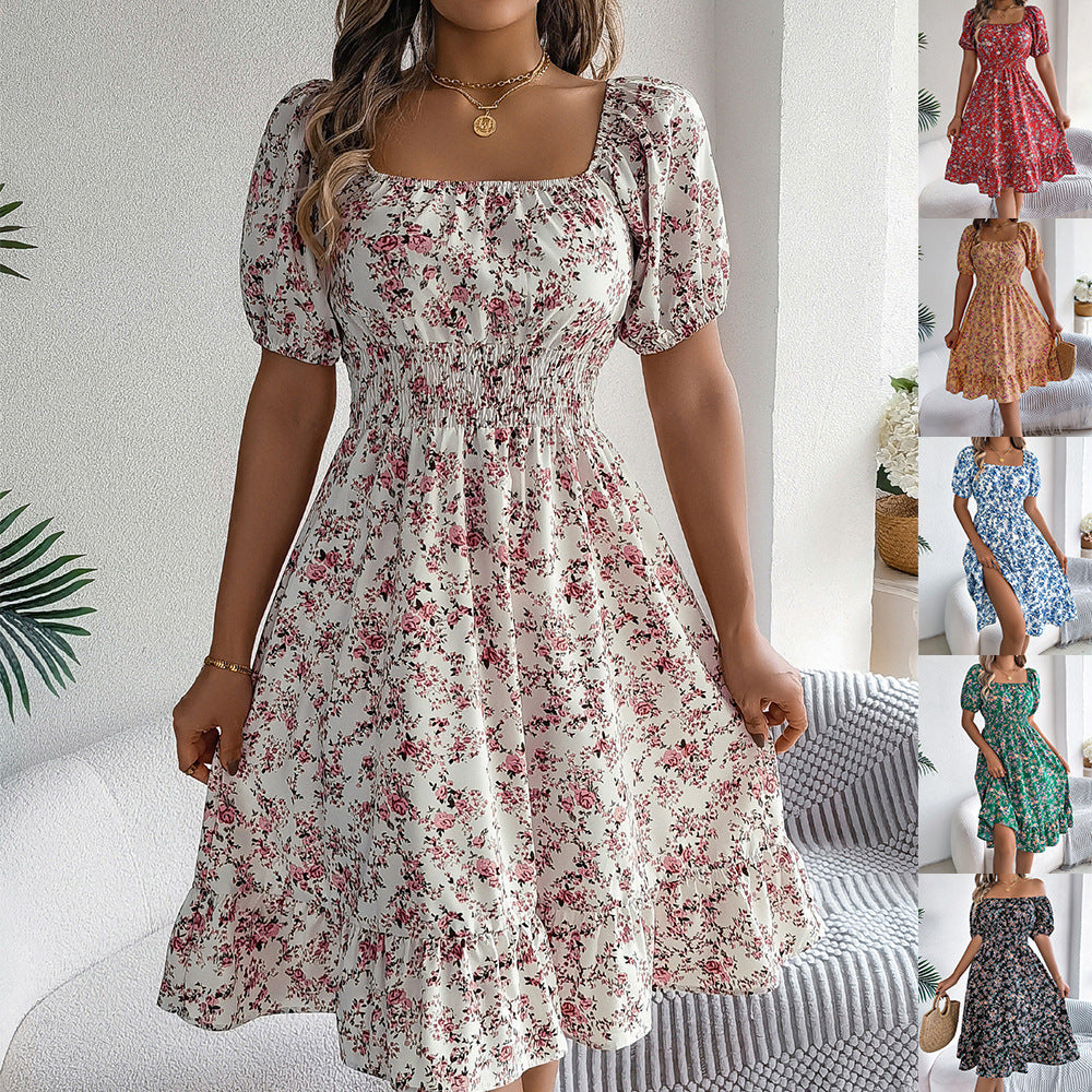 Floral Square Collar Ruffles Dress Women&