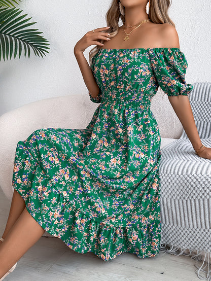 Floral Square Collar Ruffles Dress Women&