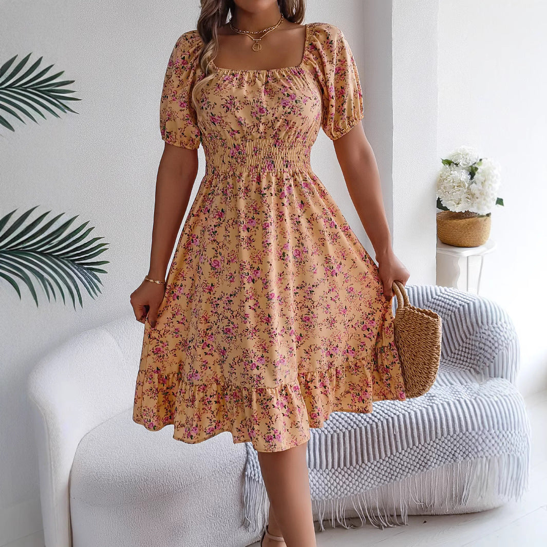 Floral Square Collar Ruffles Dress Women&
