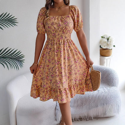 Floral Square Collar Ruffles Dress Women&