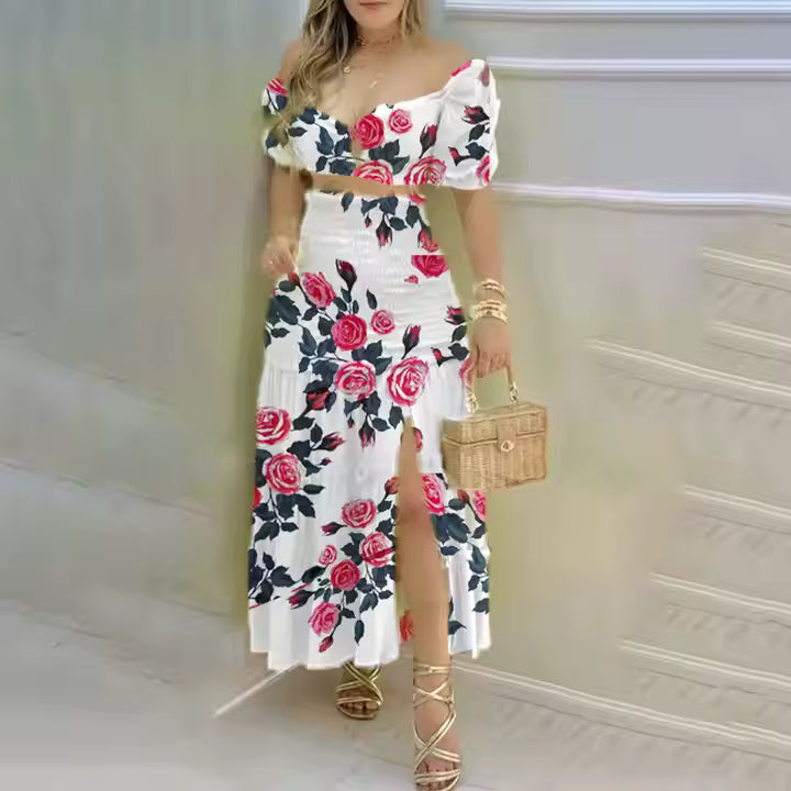Color Matching Printed Long Beach Dress Suit 2025 Hot New Sweet Fashion Short Sleeve Two Piece Set Women Clothing
