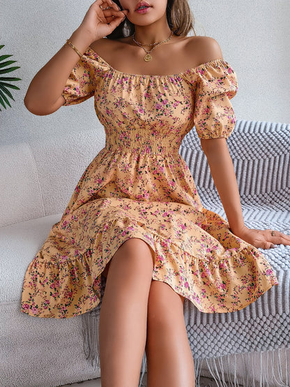 Floral Square Collar Ruffles Dress Women&