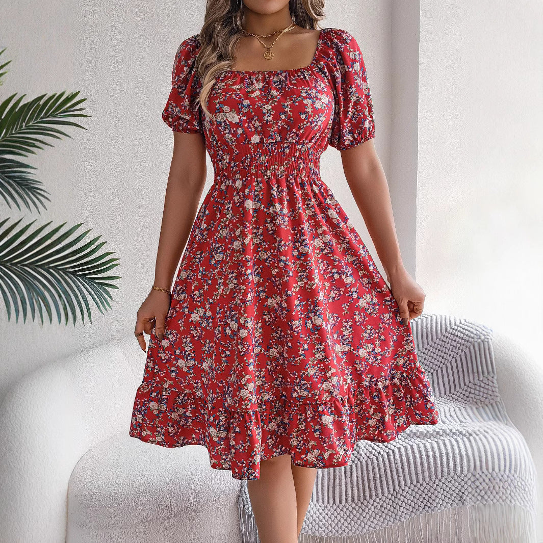 Floral Square Collar Ruffles Dress Women&